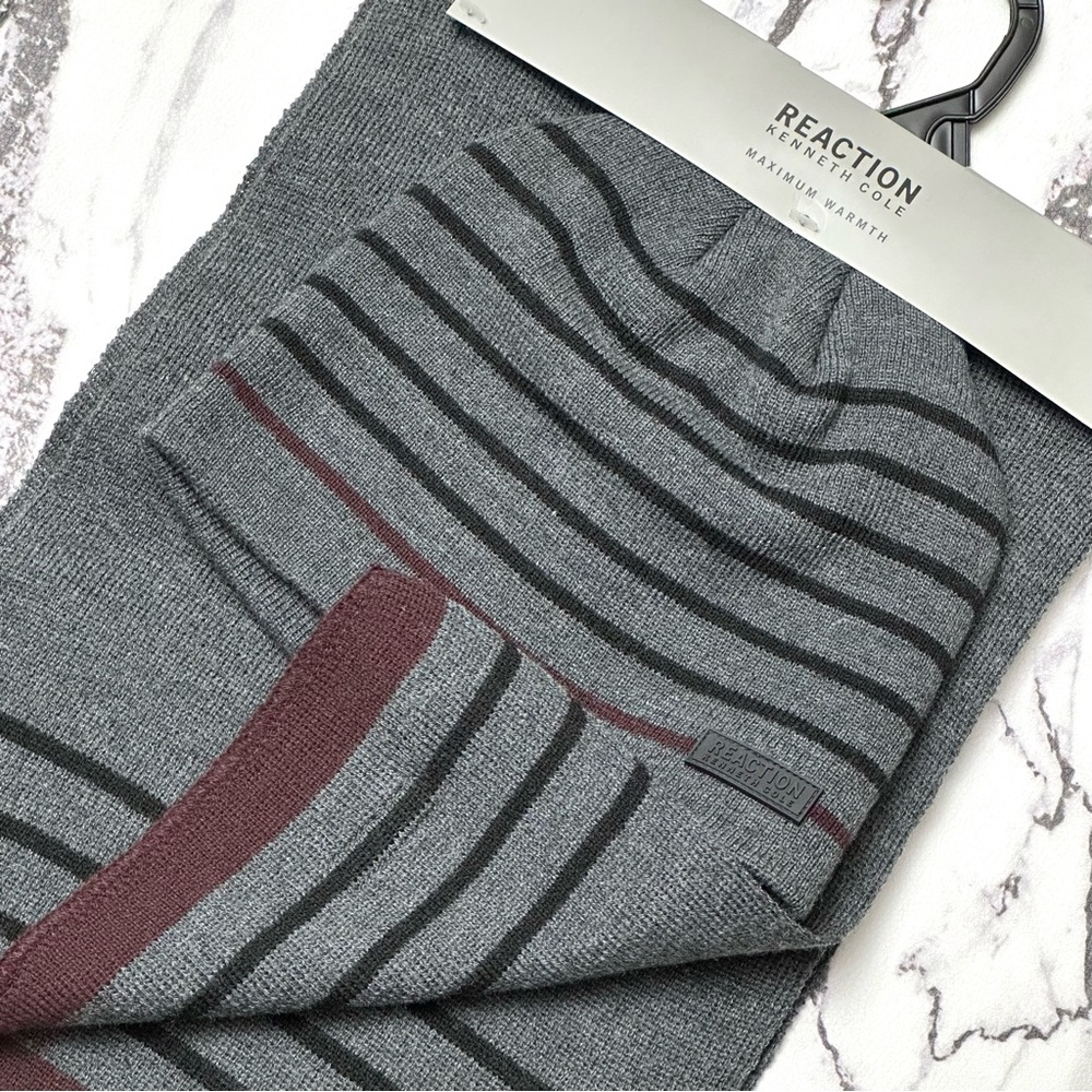 Reaction Kenneth Cole KC Mens Gift Set Winter Scarf Uncuffed Beanie Hat Charcoal